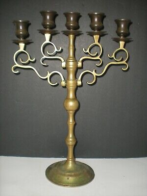 Antique Brass MENORAH with 5 cup Aged PATINA 16" Tall and Heavy vtg