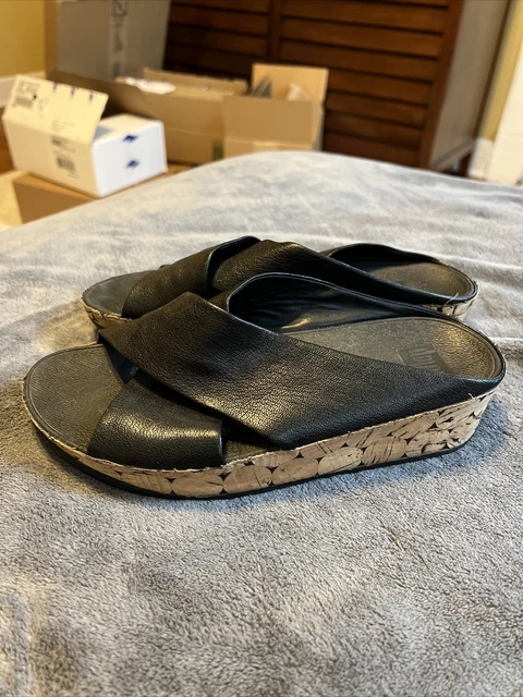 FITFLOP Sandal Womens 7 Kys Slide Shoe Black Leather Cross Strap Cork Heel Wedge