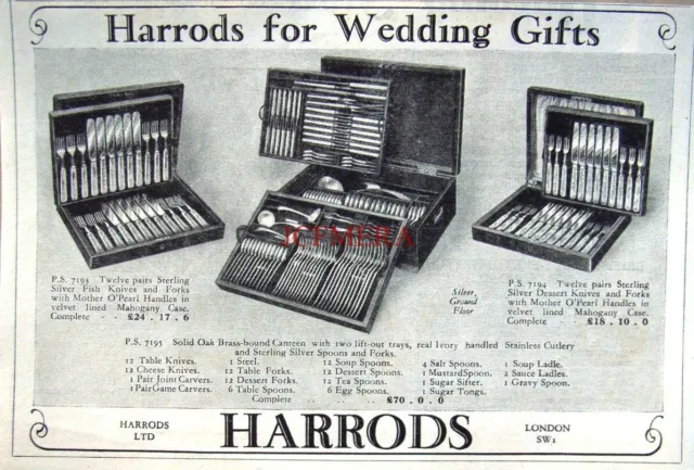 HARRODS Wedding Canteens of Cutlery 1929 Advert Print - Original Vintage AD