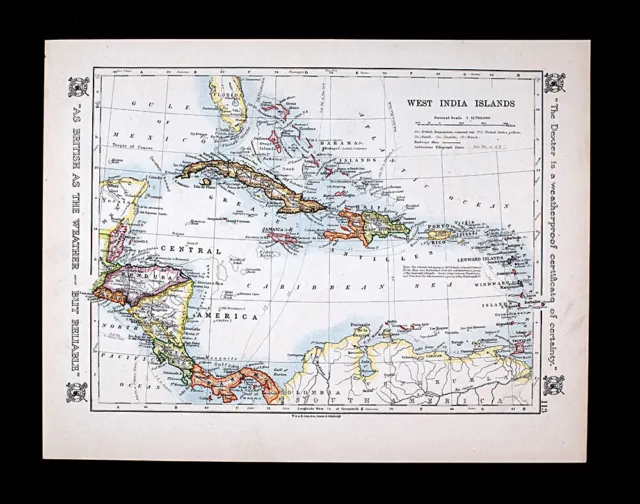 1921 Johnston Map West Indies Cuba Puerto Rico Jamaica Antillies Caribbean Sea