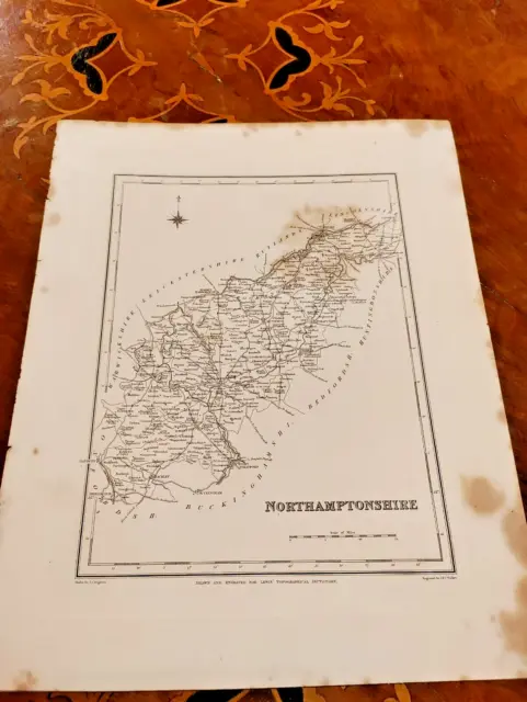 c1840s Northamptonshire County Map Lewis Topographical Dictionary Peterborough