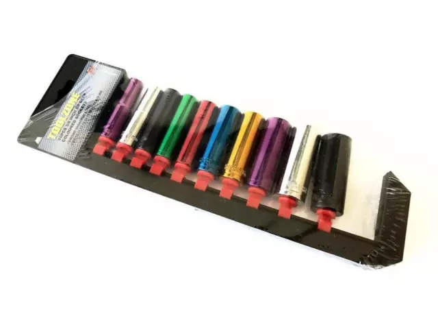10Pc 3/8" Drive Deep Socket Set Multi Colour Metric Long Reach 10-19Mm On Rail