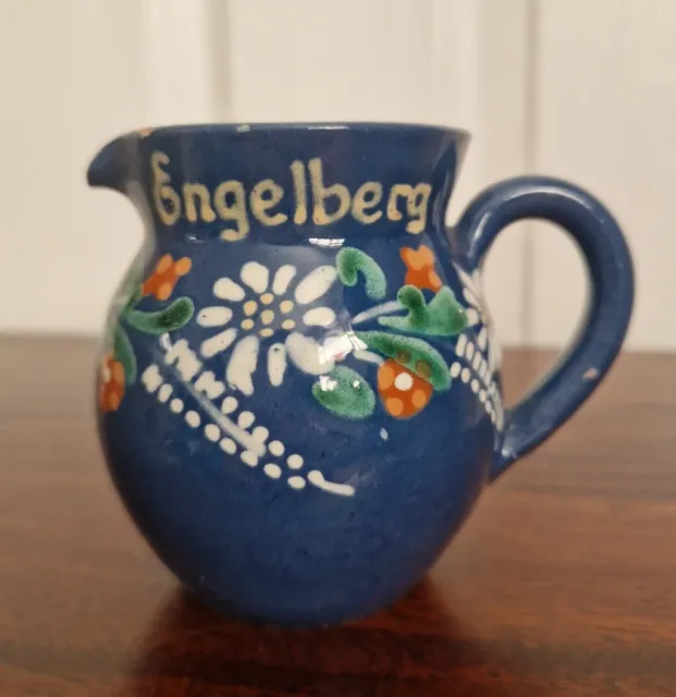 Vintage Engelberg Switzerland Folk Art Hand Painted Pottery Milk Jug Pitcher