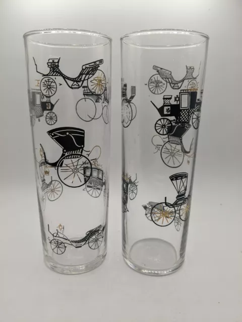 Pair Vtg LIbby Black Gold Carriage Drinking Glasses High Ball Bar Tom Collins