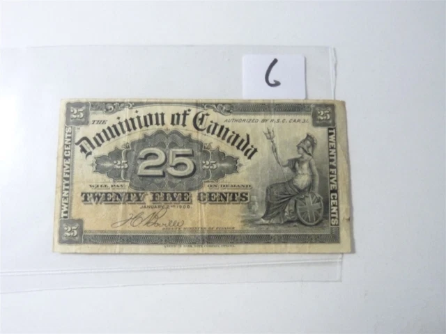 CANADA BANKNOTE SHINPLASTER 1900  25 cent SIGNATURE  BOVILLE NO6