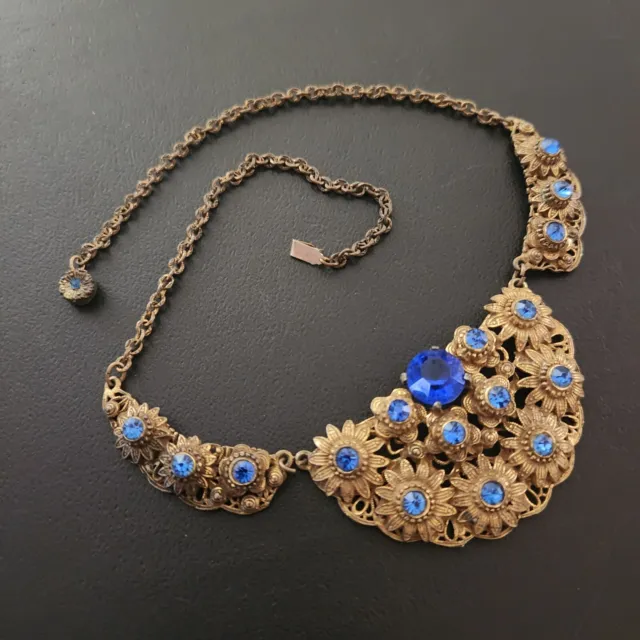 WOW!!! Antique Victorian Art Nouveau Necklace Bib Blue Glass Rhinestone 195