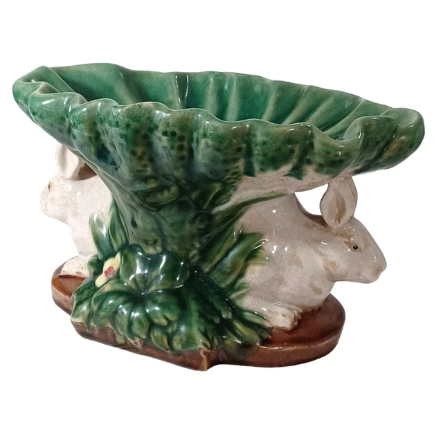 Vtg Mid Century Italian Majolica Clay Pottery Rabbits Compote Centerpiece Bowl 2