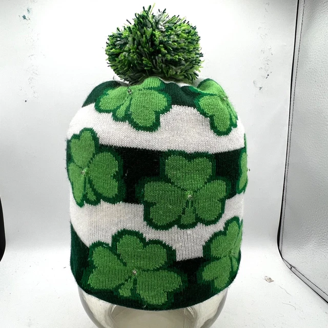 Beanie, Green and white w/ Shamrocks that light up.   Pom Pom on top. OS Bling