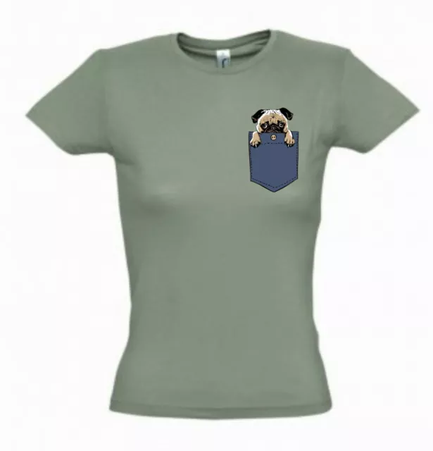 PUG IN A POCKET Dog mignon blague nouveauté T-shirt ajusté femme t-shirt 6 couleurs neuf