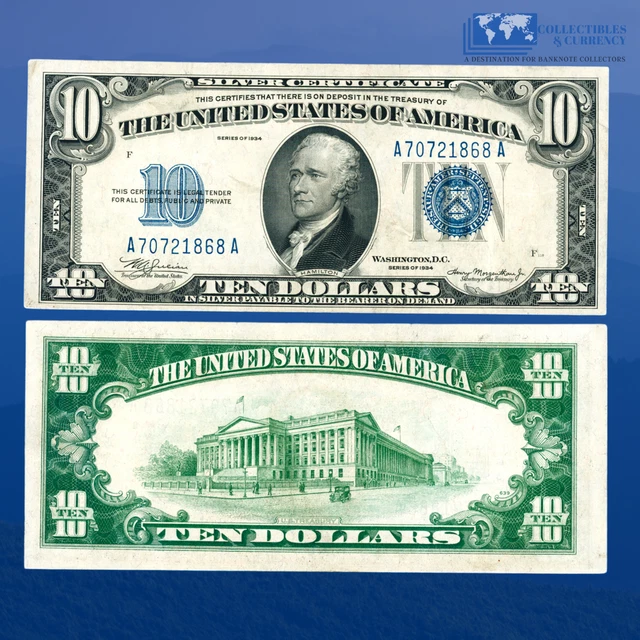 1934 $10 Ten Dollars Silver Certificate Blue Seal, XF Condition #21868