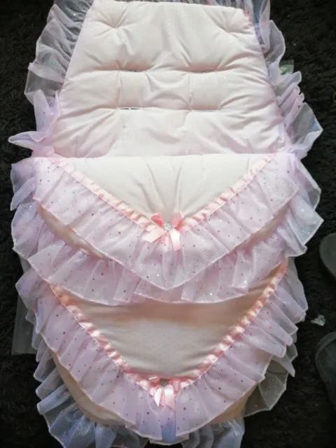 Baby girls  all  pink  frills  & bows   Foot Muff Cosy Toes Pram buggy