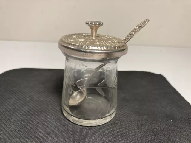 S. Kirk & Son Etched Glass Jam Mustard Jar Sterling  Silver Repousse Lid & Spoon