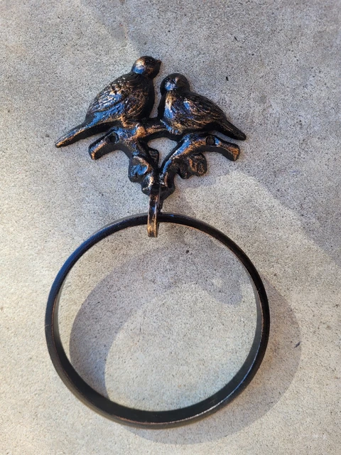 Birds Wrought Iron Hand Towel Ring, Bathroom bird decor. Bath hardware hanger.