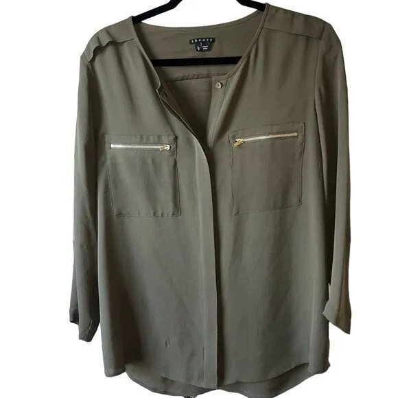 Theory Utlility Silk Georgette Blouse in Military Green size Large