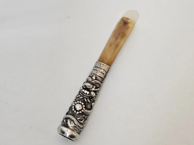 Antique Asian Cigarette Holder Sterling SIlver Vietnam Horn Mouthpiece ! (ЮQ25)