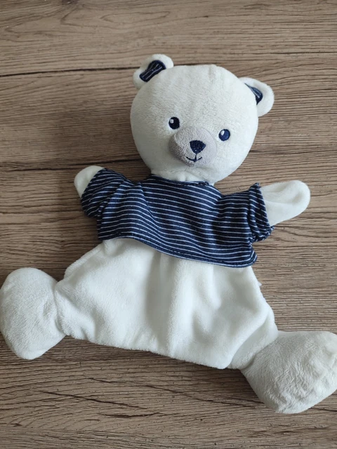 Doudou Plat Marionnette Kiabi Simba Ours Blanc Bleu Marine Raye