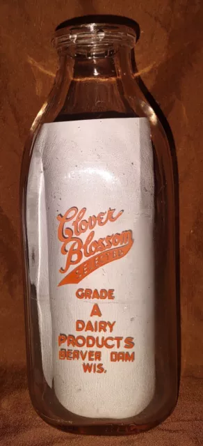 Vintage Clover Blossom Selected Beaver Dam, WI One Quart Glass Milk Bottle