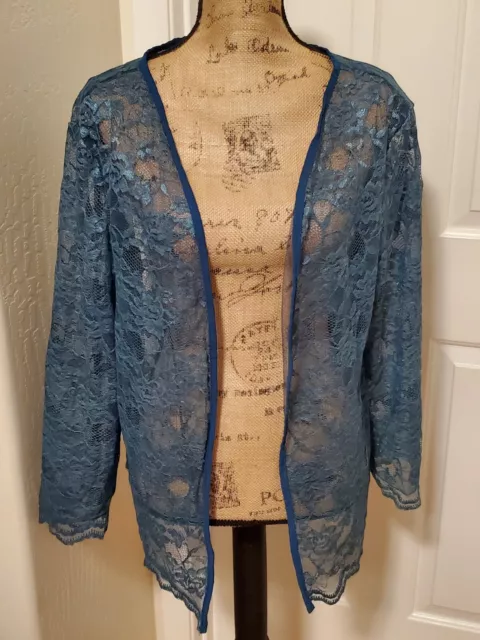 Women's Size L Teal Blue Lace Long Sleeve Sheer Open Jacket