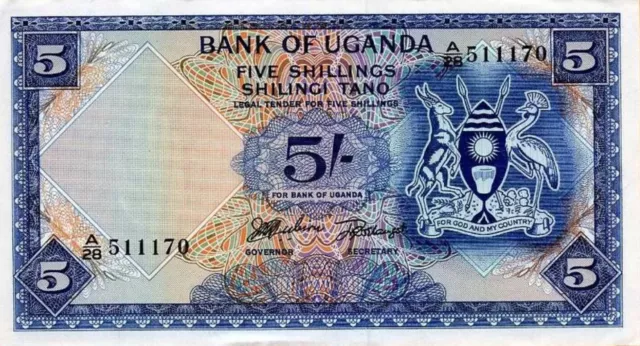 Uganda 1966. 5 Shillings Banknote. single 5 Shillings Uncirculated. 5 Shillings