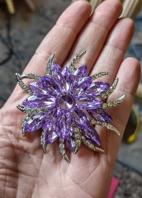Purple Crystal Petal Flower Brooch Scarf Lapel Pin ART DECO Large 2.25” Wow 2