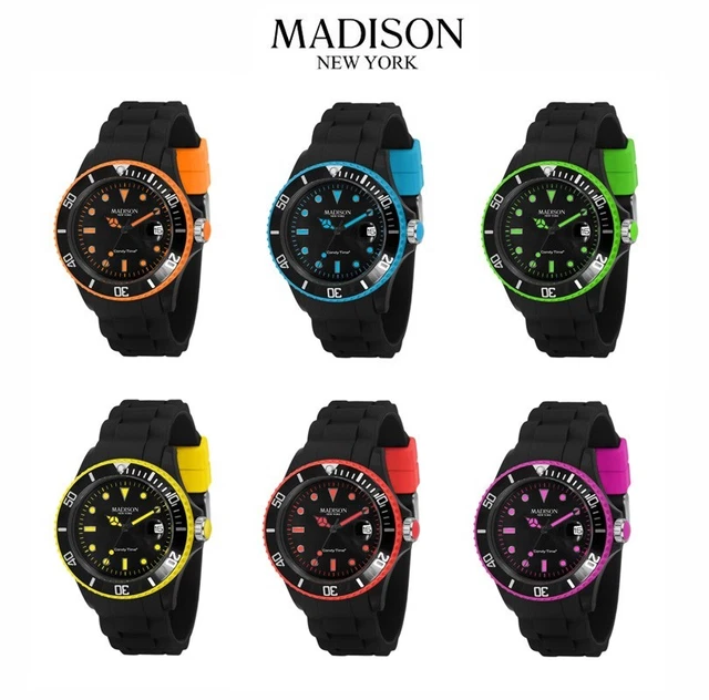 Montre Madison New York Ligne Noire - Bracelet Silicone Coloré - Boîtier 40 Mm - Unisexe - Neuf Avec étiquettes
