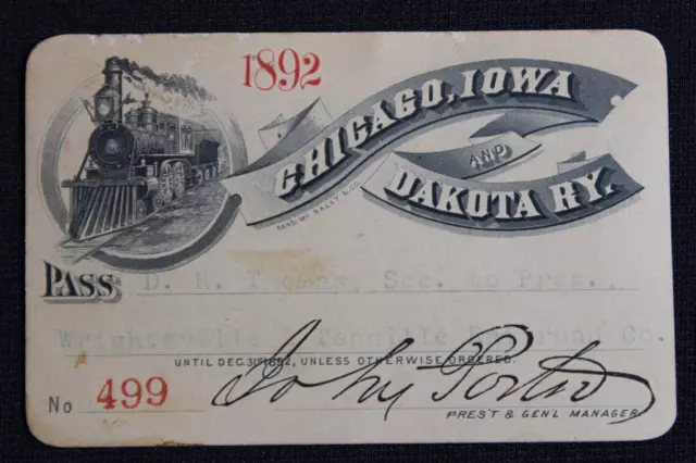 Rare Antique 1892 Chicago, Iowa & Dakota Railway Annual Railroad Pass