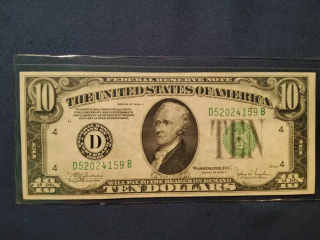 1934 Series C 10 Dollars Federal Reserve Note Rare Green Seal
