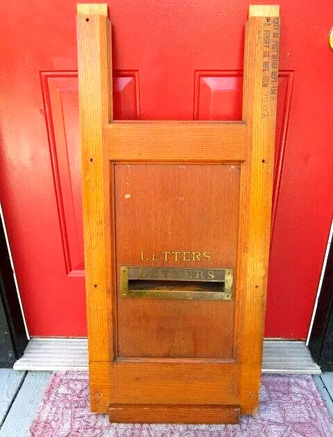 VINTAGE  Brass US POST OFFICE Letter Mail Slot DOOR Drop Box ORIG OAK WOOD FRAME