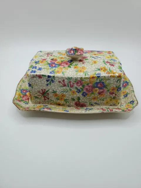 C1935 Royal Winton Grimwades Chintz 'FIREGLOW' Covered Butter Dish UK READ