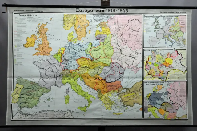 Wall Chart History Geography Vintage Mural Map Europe 1918 - 1945