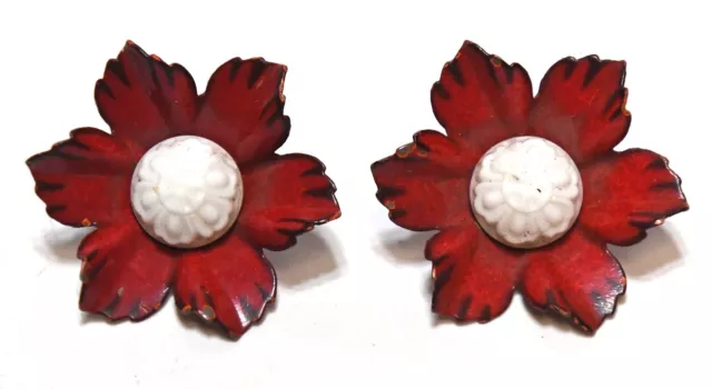 2 Vintage Red Metal Flower Curtain Pin Backs Tie Backs Push Pins
