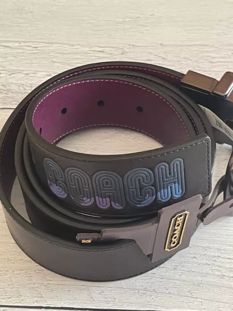 Coach Mens Harness Buckle Belt With Coach Print, 40 Mm NWT BLACK/PLUM 69223