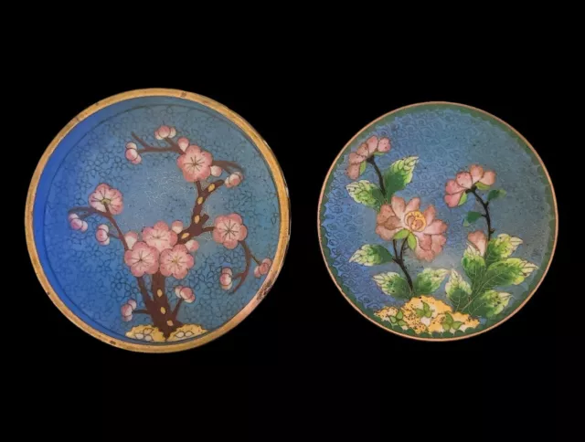 Vintage Chinese Cloisonné Decorative Plate & Bowl Pink Flowers