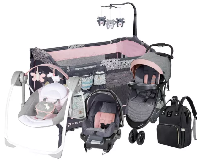 Baby Girl Lovely Stroller With Car Seat Playard Diaper Bag Swing Deluxe Combo