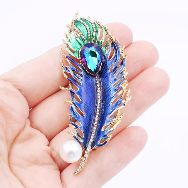 Shiny Blue Enamel Crystal Pearl Peacock Feather Women's Brooch Pin Jewelry Gift