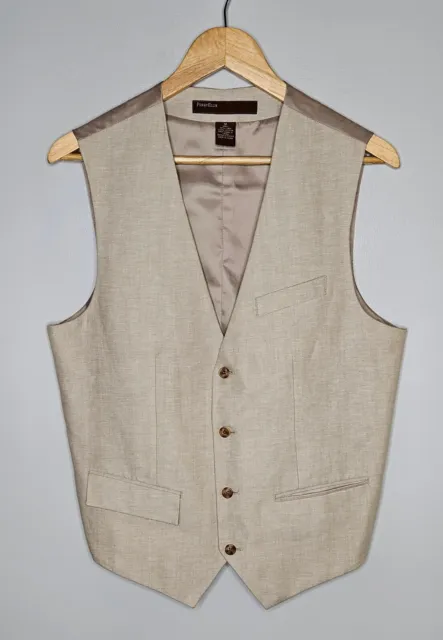 Perry Ellis Mens Suit Vest Medium Tan Linen Cotton Herringbone 4 Button Summer