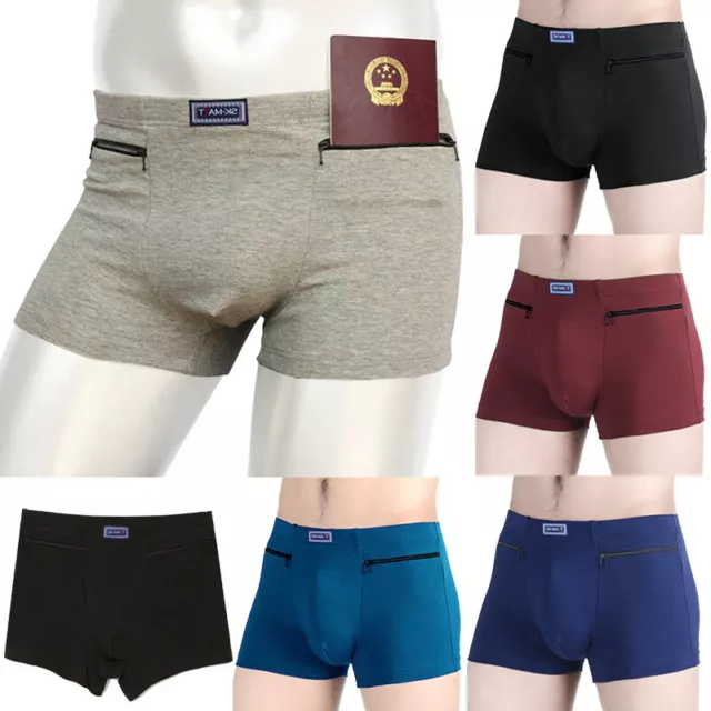 Comfy Soft Cotton Underpants Boxer Briefs Trunks Mens Zip Pockets Underwear L-4X