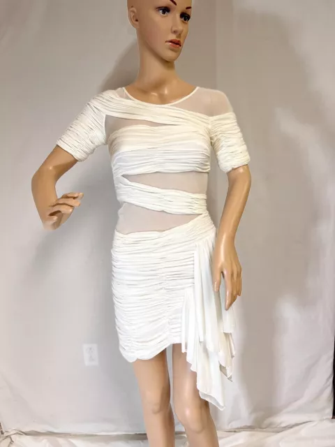 BCBGMAXAZRIA Runway mesh, Sheer, Ruched dress, White, XS, NWT-retail Price$378