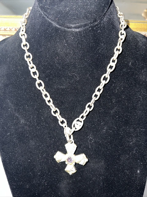 Vintage Judith Replace Sterling Amethyst Cross & Necklace 60.78 Grams.