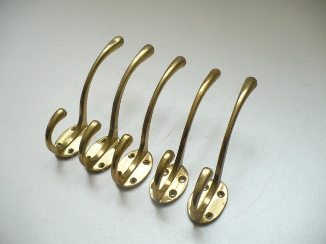 5 X Vintage Solid Brass Coat & Hat Hooks