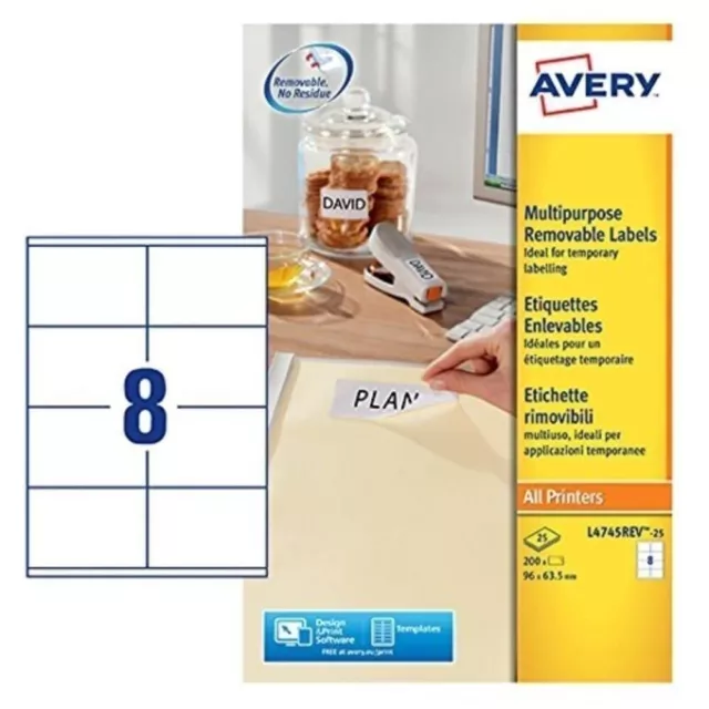 Avery L4745REV-25 Self-Adhesive Removable Labels, 8 Labels Per A4 Sheet, White,