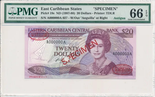 Central Bank East Caribbean States  $20 ND(1987-88) Specimen PMG  66EPQ