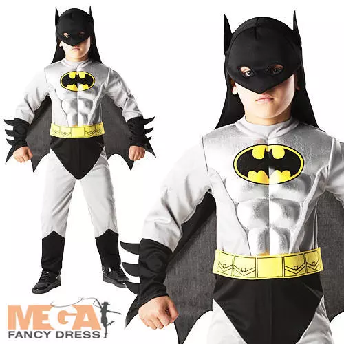 Boys Deluxe Batman Muscle Kids Superhero Fancy Dress Halloween Costume Ages 3-8