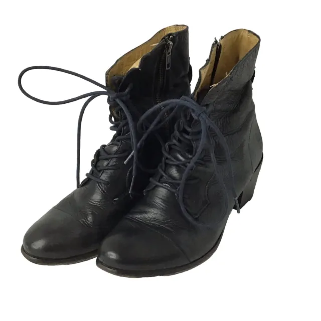 FRYE LEATHER GRANNY BOOTS Vintage lace ups black side zip logo back block heel