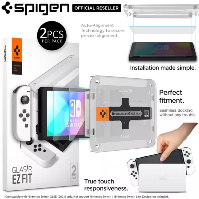 For Nintendo Switch OLED Screen Protector SPIGEN EZ Fit 9H Tempered Glass 2 PCS