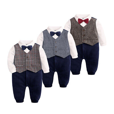 New Baby Boy One Piece Wedding Christening Formal Gentleman Romper Outfit Suit