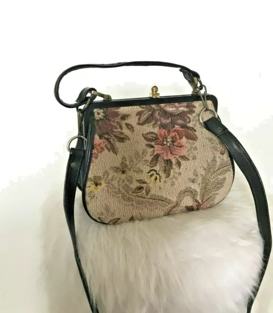 Tasche Tragetasche Umhängetasche Petit Point Stick Gobelin Blumen Vintage