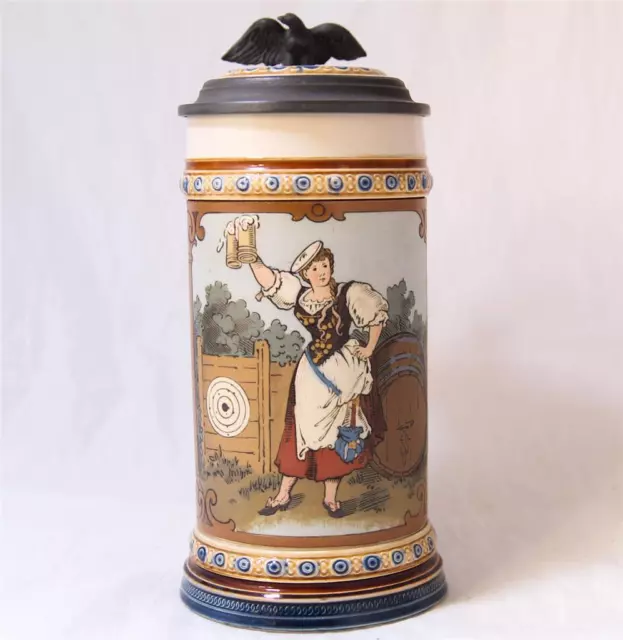 Antique Mettlach Bière Stein Gravé Schutzenliesl Shooting C Warth #2235 C.1900