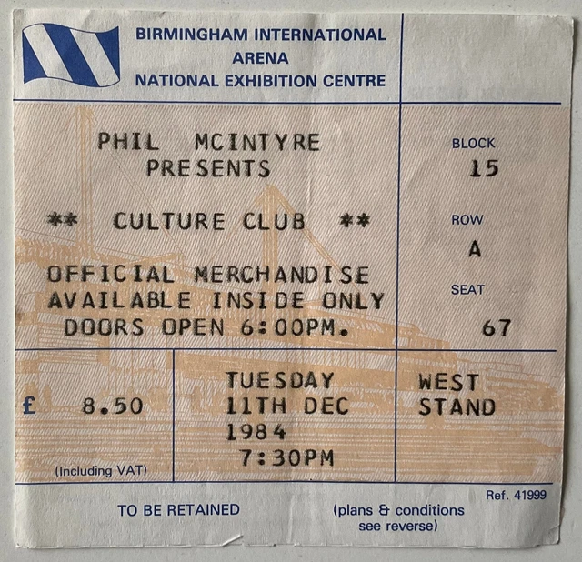 Culture Club Original Used Concert Ticket NEC Arena Birmingham 11th Dec 1984