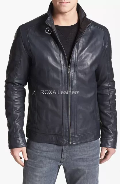 MEN'S GENUINE LAMBSKIN Real Leather Jacket Motorcycle Biker Black Coat ...